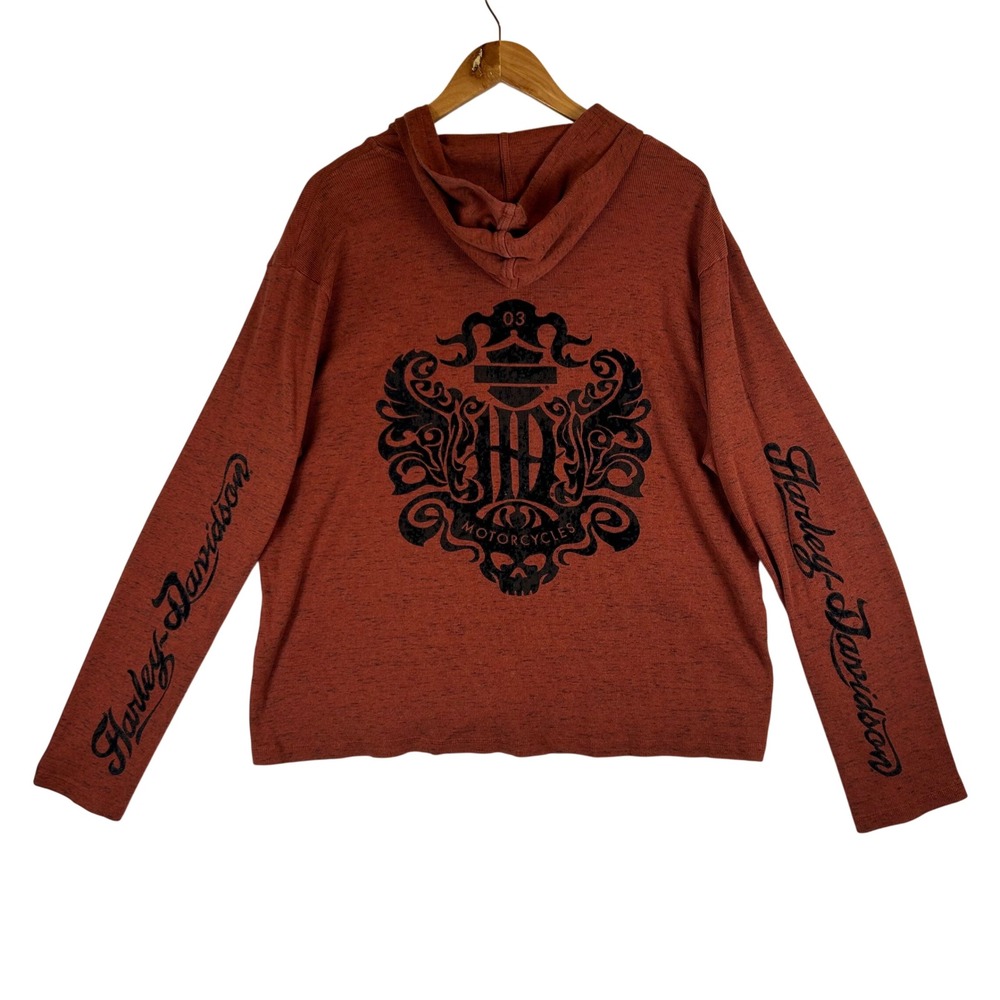 Harley-Davidson Womens 3W Rust Orange Space Dye Hooded Henley Flocked Top 2014 - Picture 2 of 12